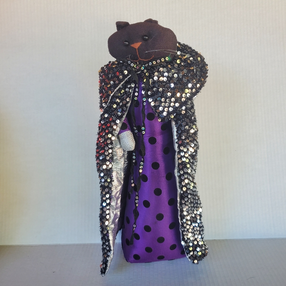 Halloween Black Cat Witch Dracula Soft Doll Figurine Sparkly Cape Silver Sequin